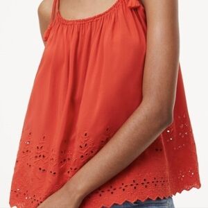 ANN TAYLOR LOFT Scooped Neck Tassel Eyelet Flowing Top Spicy Tomato Red XS